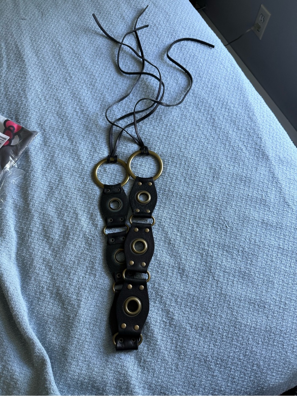 Women's Black Leather Grommet Belt with Brass Rings